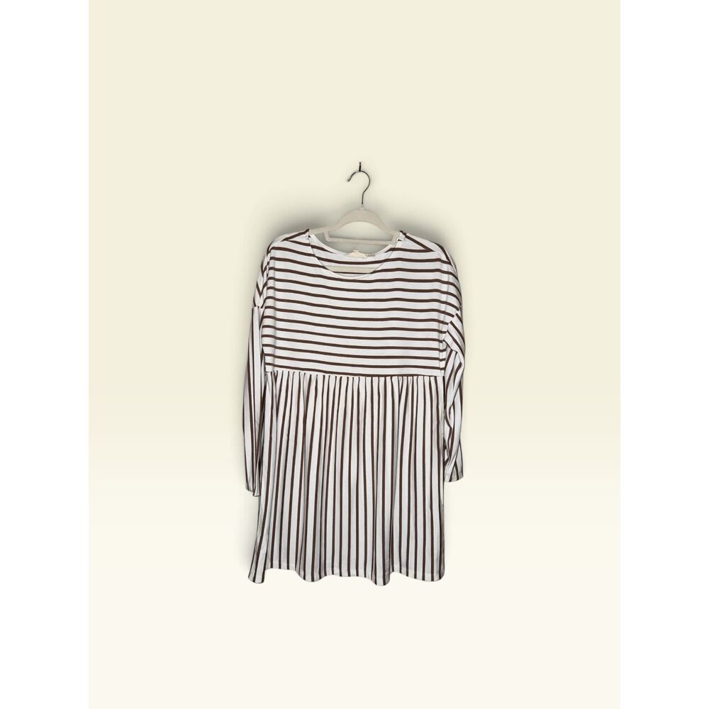 Mystic Prism Listicle Womens M Brown White Striped Long Sleeve Babydoll Dress